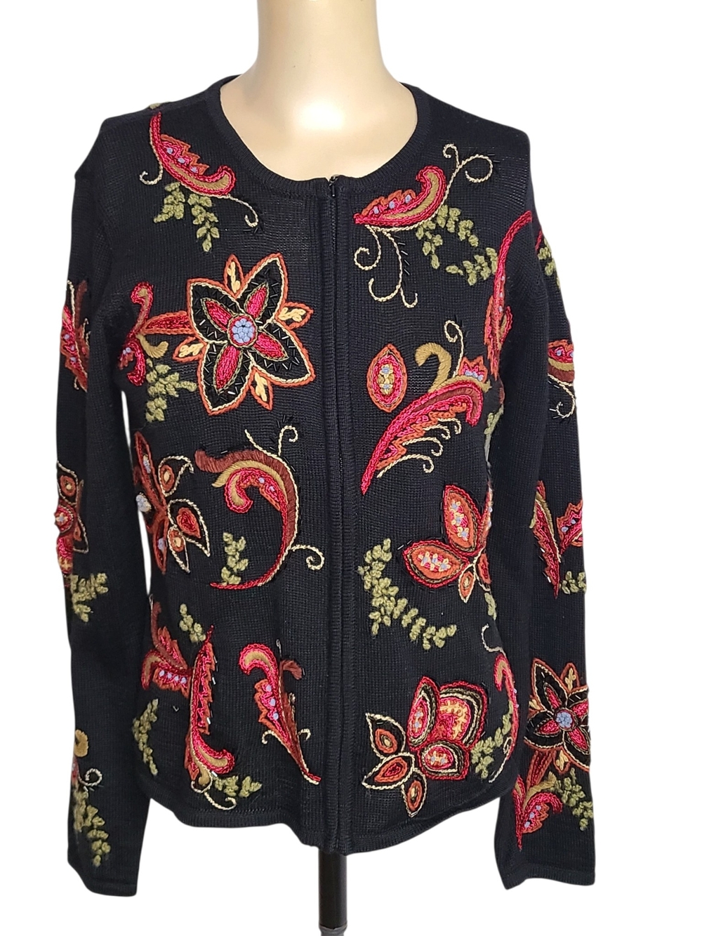 Talbots Black Floral Embroidered Beaded Zip Cardigan Sweater Sz M Wool Blend